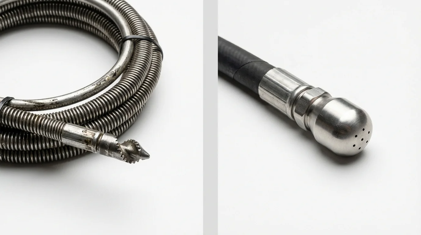 Drain snake cable and hydro jetting nozzle used for drain cleaning in Arkansas City, AR