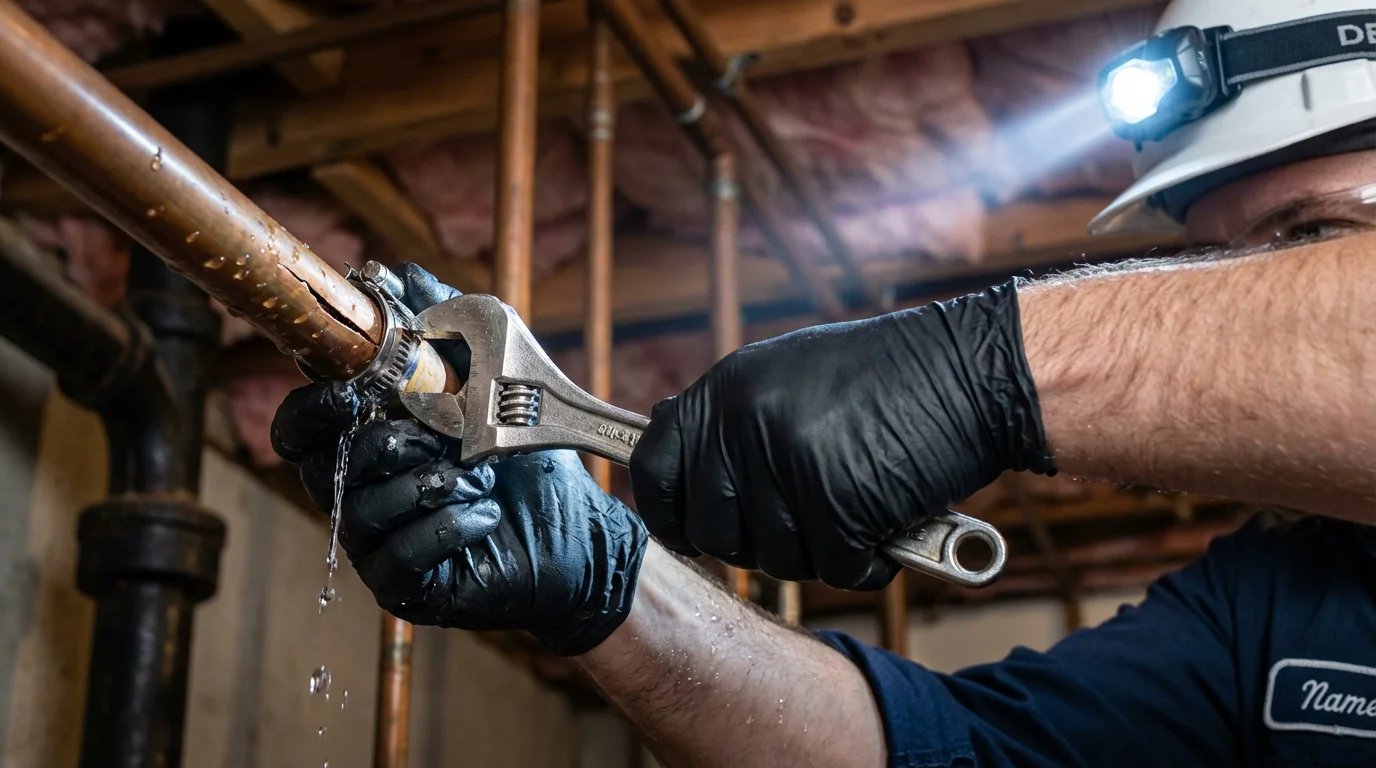 Emergency pipe clamp repair being performed by a Johns Plumbing LLC plumber in Arkansas City