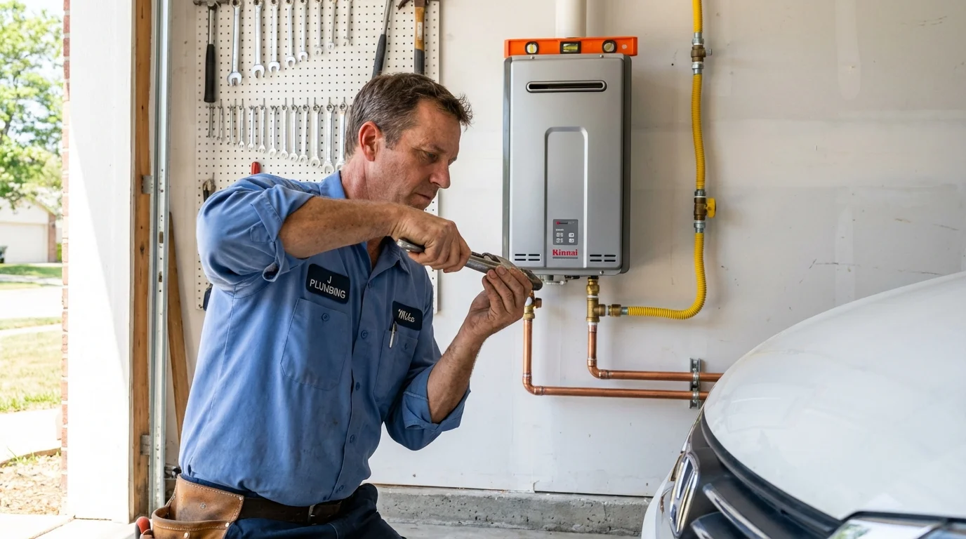 Tankless water heater installation by a Johns Plumbing LLC plumber in Arkansas City