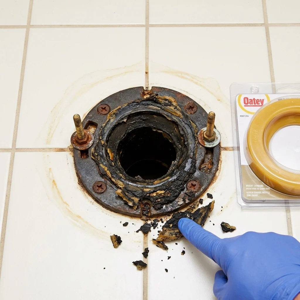 Failed wax ring showing water seepage at the base of a toilet in a Arkansas City, AR home