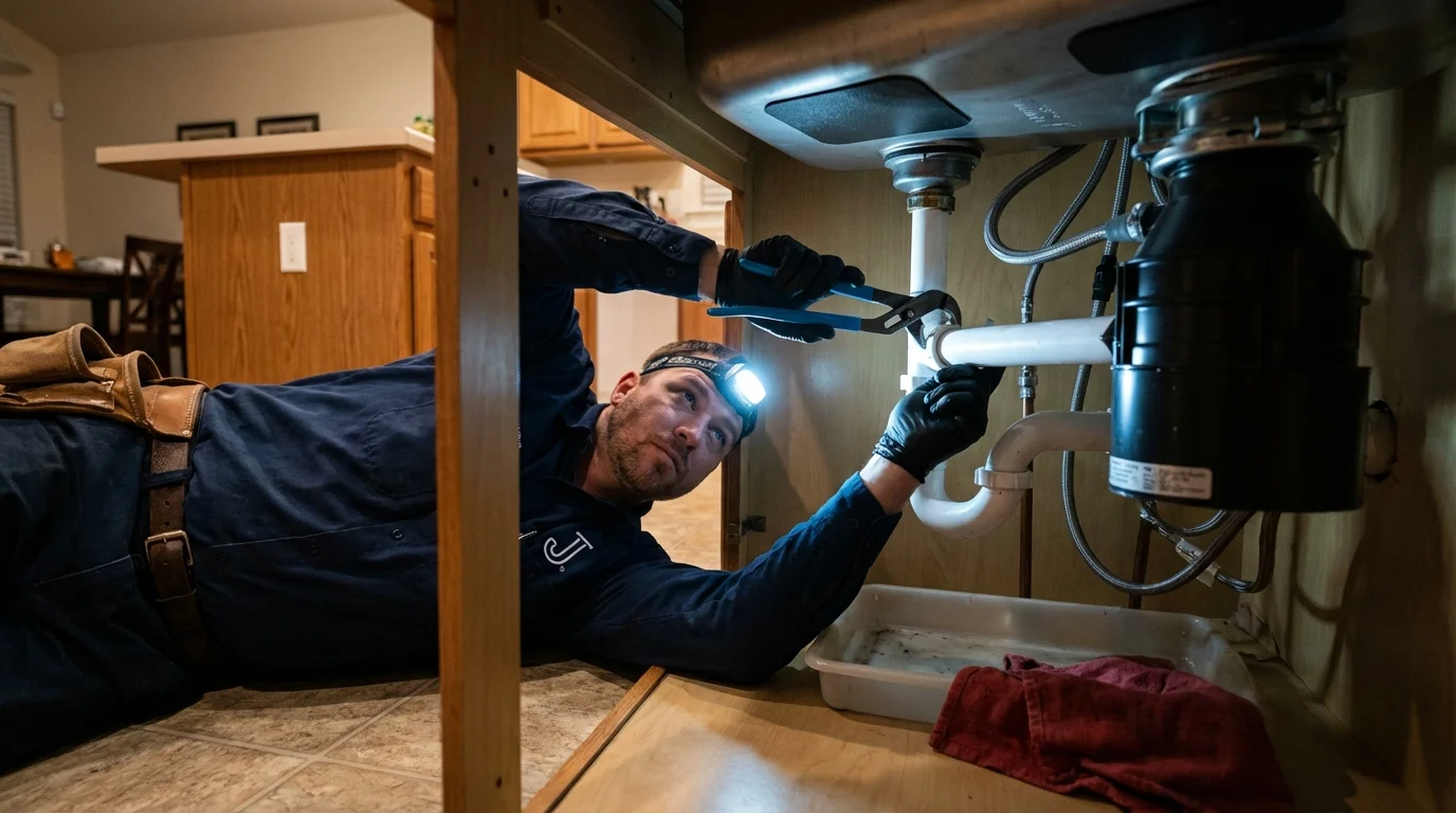 P-trap and supply line connections under a kitchen sink showing a common leak point in Arkansas City, AR